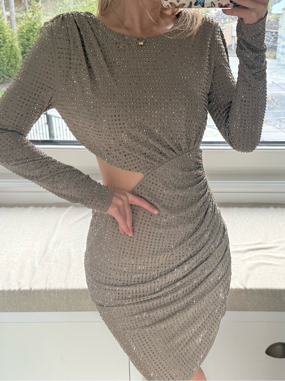 Self-Portrait Taupe Embellished Cutout Long-Sleeve Mini Dress